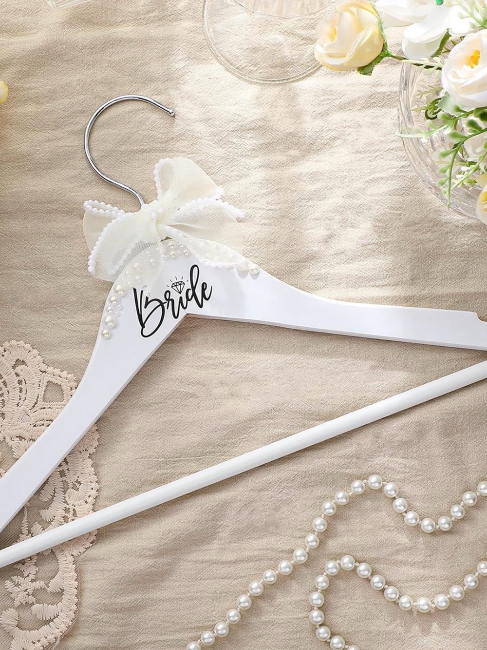 Bride White Pearl Embellished Wooden Hanger